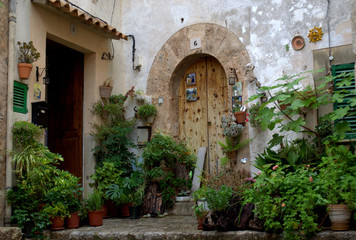 Fototapeta na wymiar Green Plants everywhere in Valldemossa Town at Mallorca Island