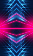 Dark neon background with lines and rays. Blue and pink neon. Abstract futuristic background. Night scene with neon, light reflection.