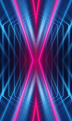 Dark neon background with lines and rays. Blue and pink neon. Abstract futuristic background. Night scene with neon, light reflection.