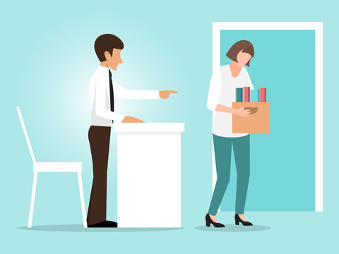 Woman Dismissal Concept Vector Illustration. Businessman Fired Woman. Girl With Box Quit Work, Unfair Dismissed