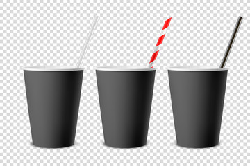Vector 3d Realistic Black Disposable Opened Blank Paper, Plastic Coffee, Tea Cup for Drinks with Straw Icon Set Closeup Isolated on Transparent Background. Design Template, Mockup. Top and Front View