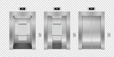 Vector 3d Realistic Blank Empty Open and Closed Steel, Chrome, Silver Metal Office Building Lift Elevator Doors with Buttons Set Closeup Isolated. Floor interior mockup. Business Concept. Front View © gomolach