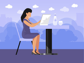 Freelance girl working on laptop vector illustration. Woman freelancer at home workplace. Businesswoman works on terrace.