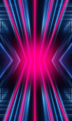 Dark neon background with lines and rays. Blue and pink neon. Abstract futuristic background. Night scene with neon, light reflection.