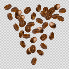Falling coffee beans on transparent background. Vector Illustration.