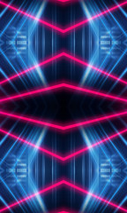 Dark neon background with lines and rays. Blue and pink neon. Abstract futuristic background. Night scene with neon, light reflection.