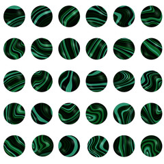 Thirty different round malachite beads for your design. Can be used for design of social media and blogs. Or to draw beautiful necklace. - obrazy, fototapety, plakaty