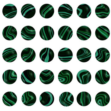 Thirty different round malachite beads for your design. Can be used for design of social media and blogs. Or to draw beautiful necklace.