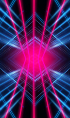 Dark neon background with lines and rays. Blue and pink neon. Abstract futuristic background. Night scene with neon, light reflection.