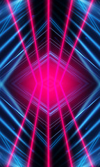 Dark neon background with lines and rays. Blue and pink neon. Abstract futuristic background. Night scene with neon, light reflection.