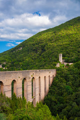 Ancient medieval Ponte delle Torri (Tower Bridge) ruins in Spoleto among woods