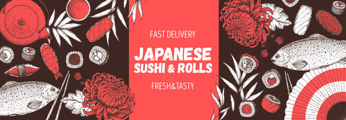 Naklejki  Sushi and rolls vector illustration. Hand drawn sketch. Japanese food menu design. Vintage vector elements for japanese cuisine menu. Retro style design. Food and drink collection.