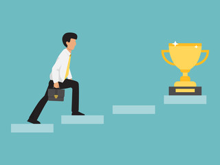 Businessman walking up stairway to golden cup. Man climb up the staircases and win success goal. Path to successful vector illustration