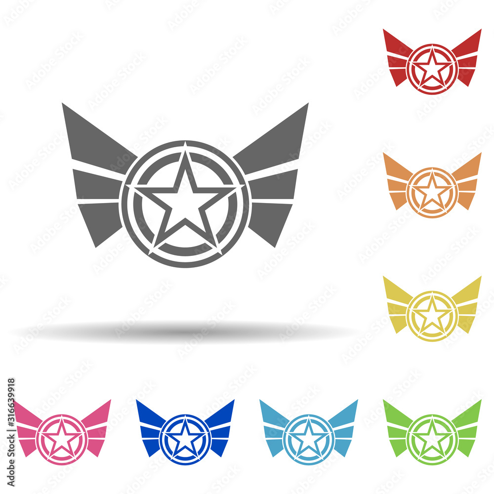 Poster star with wings in multi color style icon. simple glyph, flat vector of army icons for ui and ux, we