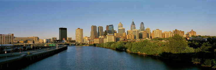This is the skyline from the Schuylkill River at sunset.