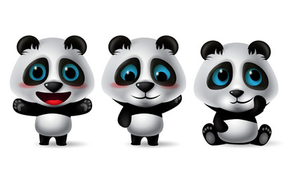 Panda animal characters vector set. Pandas bear character with cute expression in happy, blissful, thinking, sitting, shy, standing and joyful isolated in white background. Vector illustration.   © Zeinous