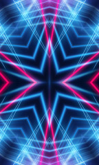 Dark neon background with lines and rays. Blue and pink neon. Abstract futuristic background. Night scene with neon, light reflection.