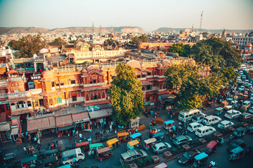 An aerial view on the street in front of the Hawa Mahal also known as the Palace of the Winds in...
