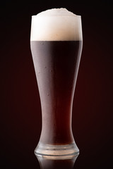 Glass of fresh beer dark background.