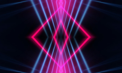 Dark abstract futuristic background. Neon lines glow. Neon lines, shapes. Multi-colored glow, blurry lights, bokeh. Empty stage background
