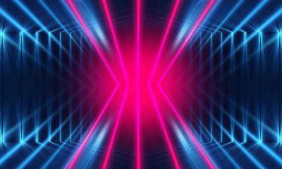 Dark abstract futuristic background. Neon lines glow. Neon lines, shapes. Multi-colored glow, blurry lights, bokeh. Empty stage background
