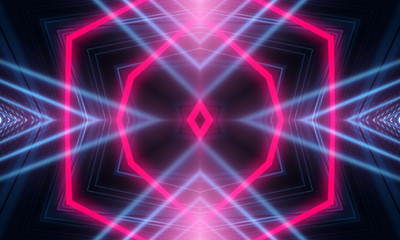 Dark abstract futuristic background. Neon lines glow. Neon lines, shapes. Multi-colored glow, blurry lights, bokeh. Empty stage background