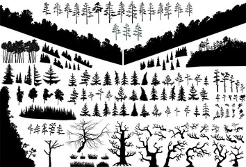The biggest isolated trees silhouettes set wich can be combined into huge forest. Vector super big collection of hand drawn pines, spruces, oaks, mountain woods, halloween tree and many other plants. 