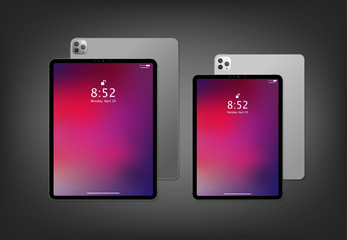 Realistic big and smile new tablet computer mockup design with abstract colored geometric wallpaper. Modern tablet PC isolated on dark grey background. Vector Illustration