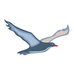 Simple kids drawing of a blue seagull flying in the air. Icon isolated on a white background. Bird marine elements.