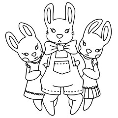Hand drawing vector illustration. Cartoon rabbits. Brother and sisters rabbits. Illustration of a children's book. Coloring page. Three rabbits in dresses and shorts. Funny bunny characters. 