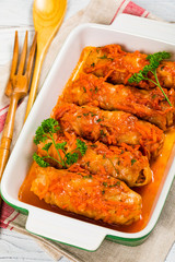 Stuffed Cabbage Rolls With Ground Beef and Rice. Selective focus.