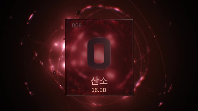 Oxygen as Element 8 of the Periodic Table. Seamlessly looping 3D animation on red illuminated atom design background orbiting electrons name, atomic weight element number in Korean language