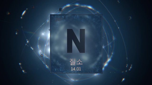 Nitrogen as Element 7 of the Periodic Table. Seamlessly looping 3D animation on blue illuminated atom design background orbiting electrons name, atomic weight element number in Korean language