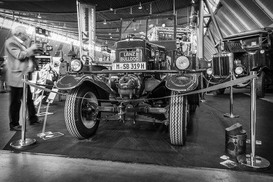 STUTTGART, GERMANY - MARCH 18, 2016: The tractor Lanz Bulldog D2531 (two-stroke, hot bulb engine), manufactured by Heinrich Lanz AG in Mannheim, 1939.