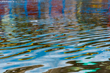 Colorful reflection on moving water, in Xochimilco, Mexico