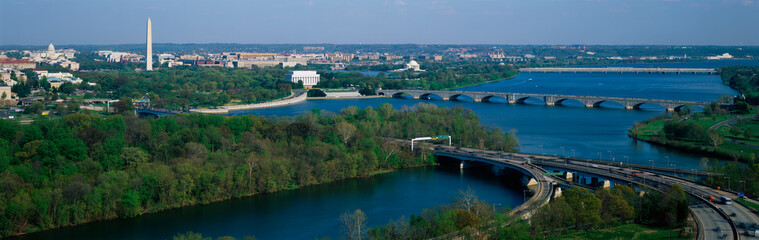 Aerial View of Washington D.C. shows Lincoln Memorial, US Capitol and Washington Monument
