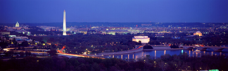Aerial View of Washington D.C. shows Lincoln Memorial, US Capitol and Washington Monument