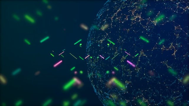 3d rendering abstract globe with plexus triangulated structure and colorful line particles flying.