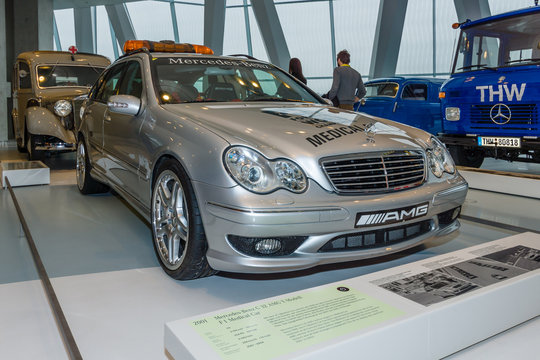 STUTTGART, GERMANY- MARCH 19, 2016: Mercedes-Benz C32 AMG station wagon F1 Medical car, 2001. Mercedes-Benz Museum.