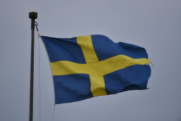 Waving flag of Sweden against the grey sky