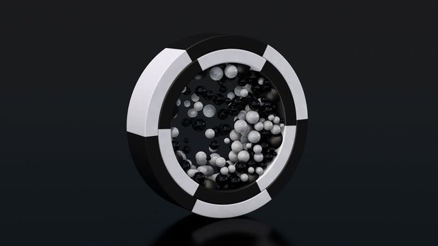 Black and white rings and glass balls. Abstract animation, 3d render.