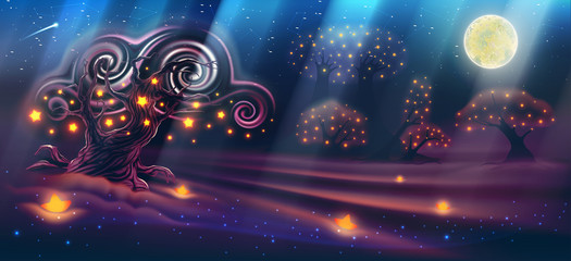 Magic night landscape with fantasy forest, dark trees, moon with light beams, sky with clouds, heaven, glowing stars, evening wonderful nature background as panorama. Vector illustration. © jdrv