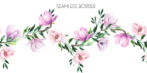 Watercolor floral seamless border with pink and lilac tropical flowers magnolias, green leaves, gold elements. Wedding invitations, greeting cards