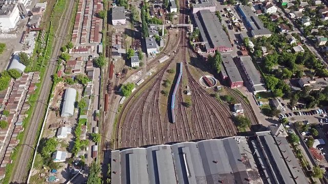 Aerial drone view. Kiev metro train on the territory of the depot.