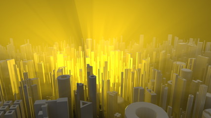 Abstract and futuristic city lit by orange and warm volumetric light. high quality 3d illustration background. Aerial shot