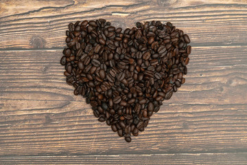 Roasted coffee beans, I love coffee, Heart with roasted coffee beans.