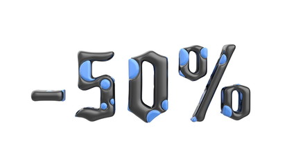 The sign -50off. Made of blue and black metal isolate on white background. 3d illustration