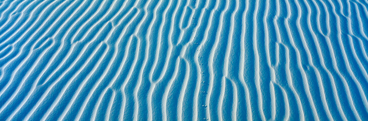These are white sand dunes in morning light. There are line patterns from the wind and small feet...