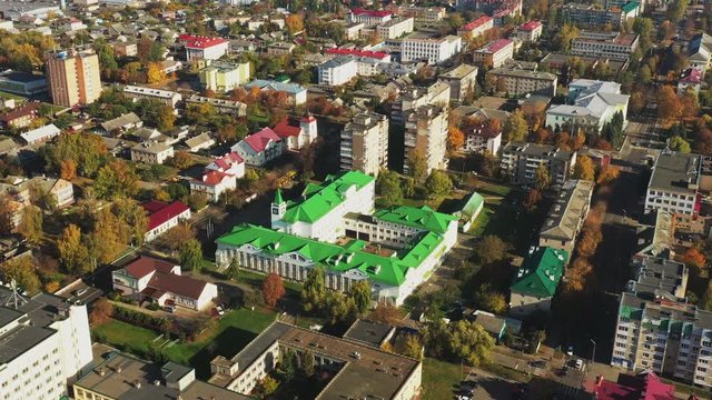 Pinsk, Brest Region, Belarus. Pinsk Cityscape Skyline In Autumn Morning. Bird's-eye View Of Residential Districts And Downtown