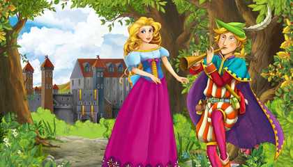 Fototapeta premium Cartoon nature scene with beautiful castle near the forest and princess - illustration for the children